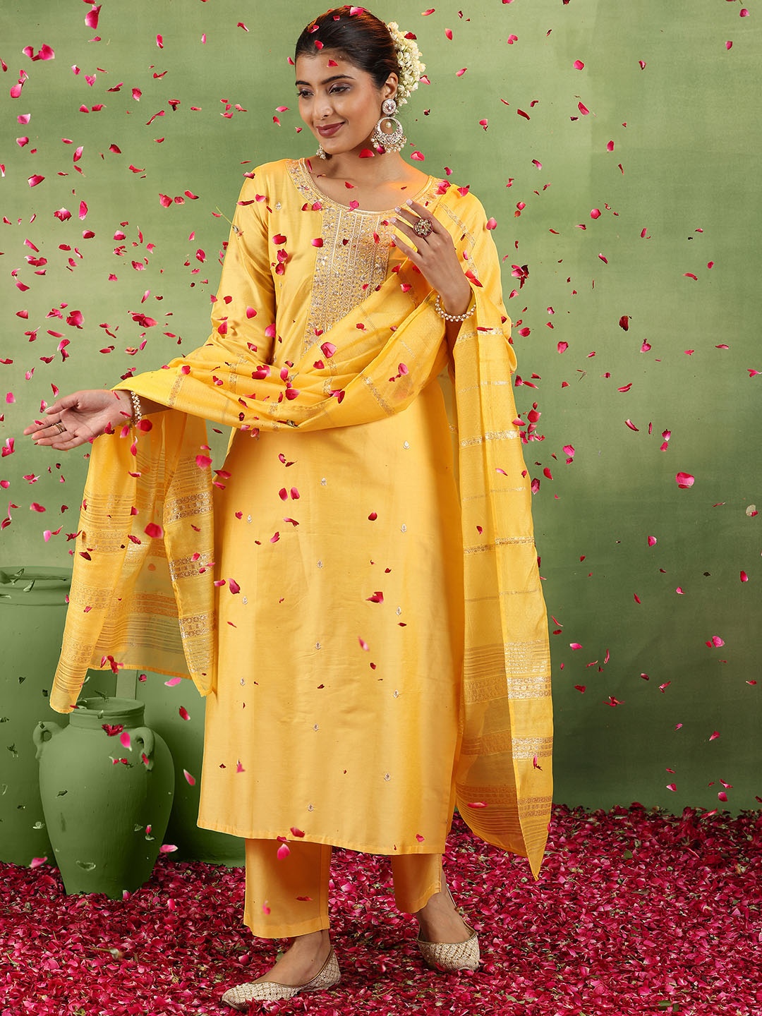 

Libas Floral Embroidered Sequinned Straight Kurta With Trousers & Dupatta, Yellow