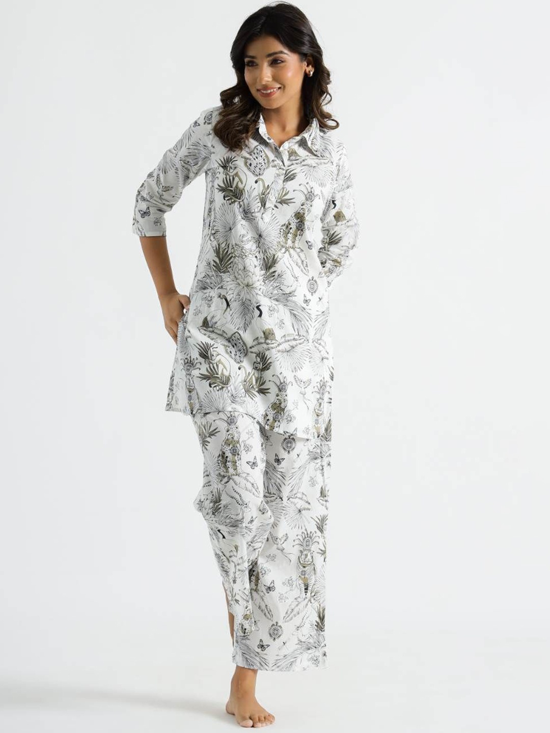 

FLAVIA CREATION Women Printed Pure Cotton Night Suit, White