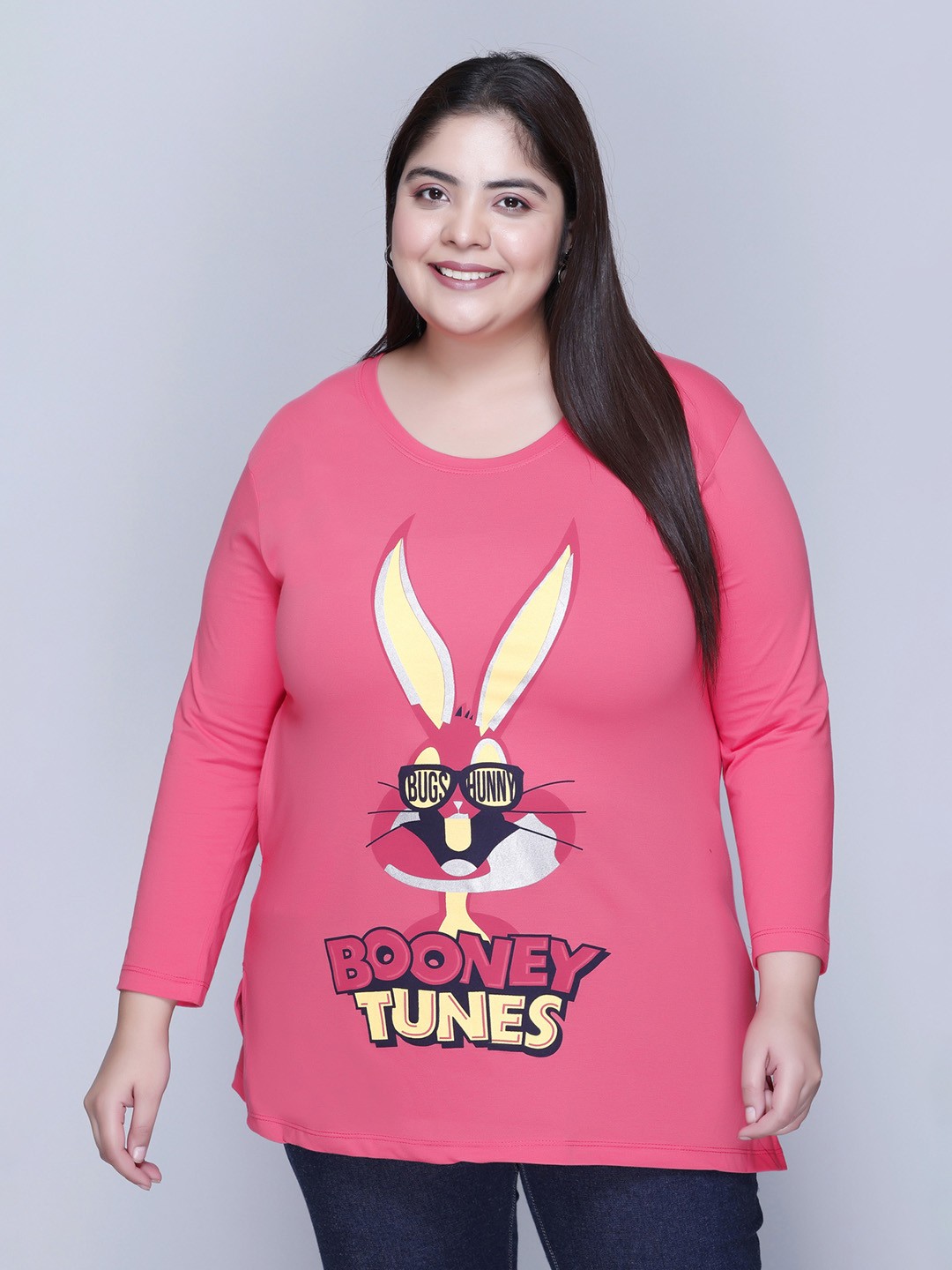 

IN Love Women Plus Size Printed Round Neck Regular Fit Cotton T-shirt, Pink