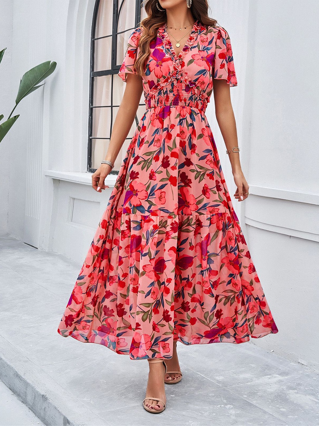 

StyleCast Women Floral Print Puff Sleeve Chiffon A-Line Maxi Dress, Peach