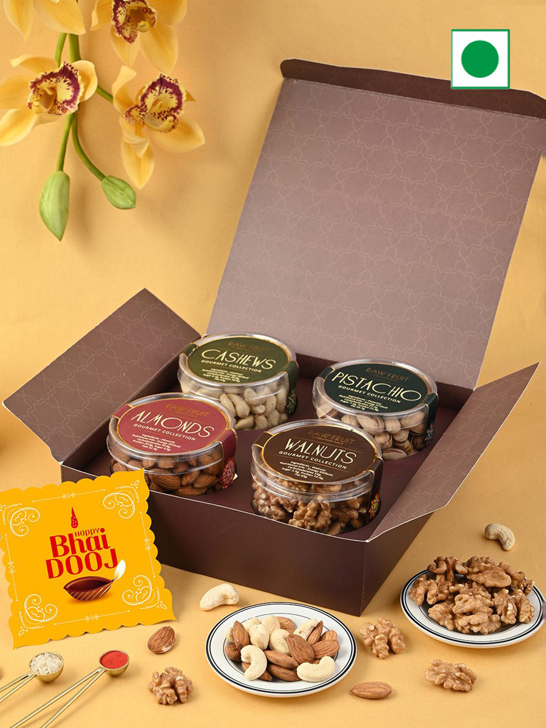 

RawFruit Bhai Dooj Dry Fruit Gift Pack With Roli Chawal, Maroon