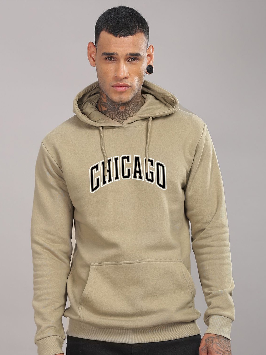 

ADRO Men Typography Printed Hood Cotton Pullover Sweatshirt, Beige