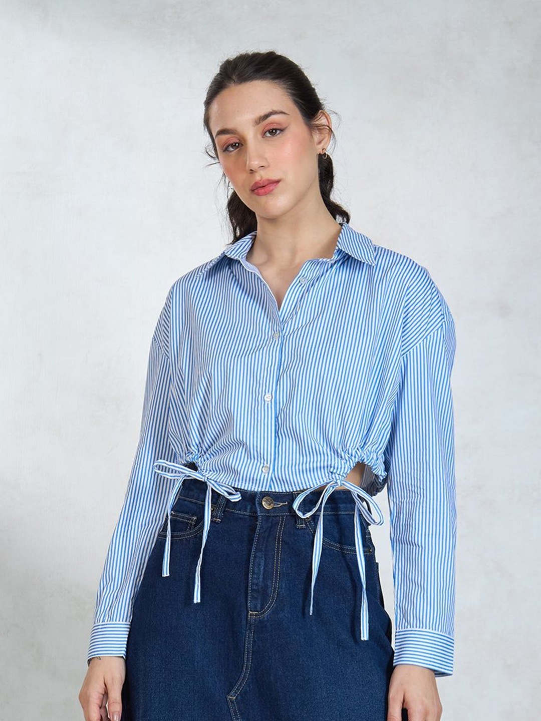 

Virgio Women Cotton Shirt Collar Crop Length Stripes Full Sleeve Shirt, Blue