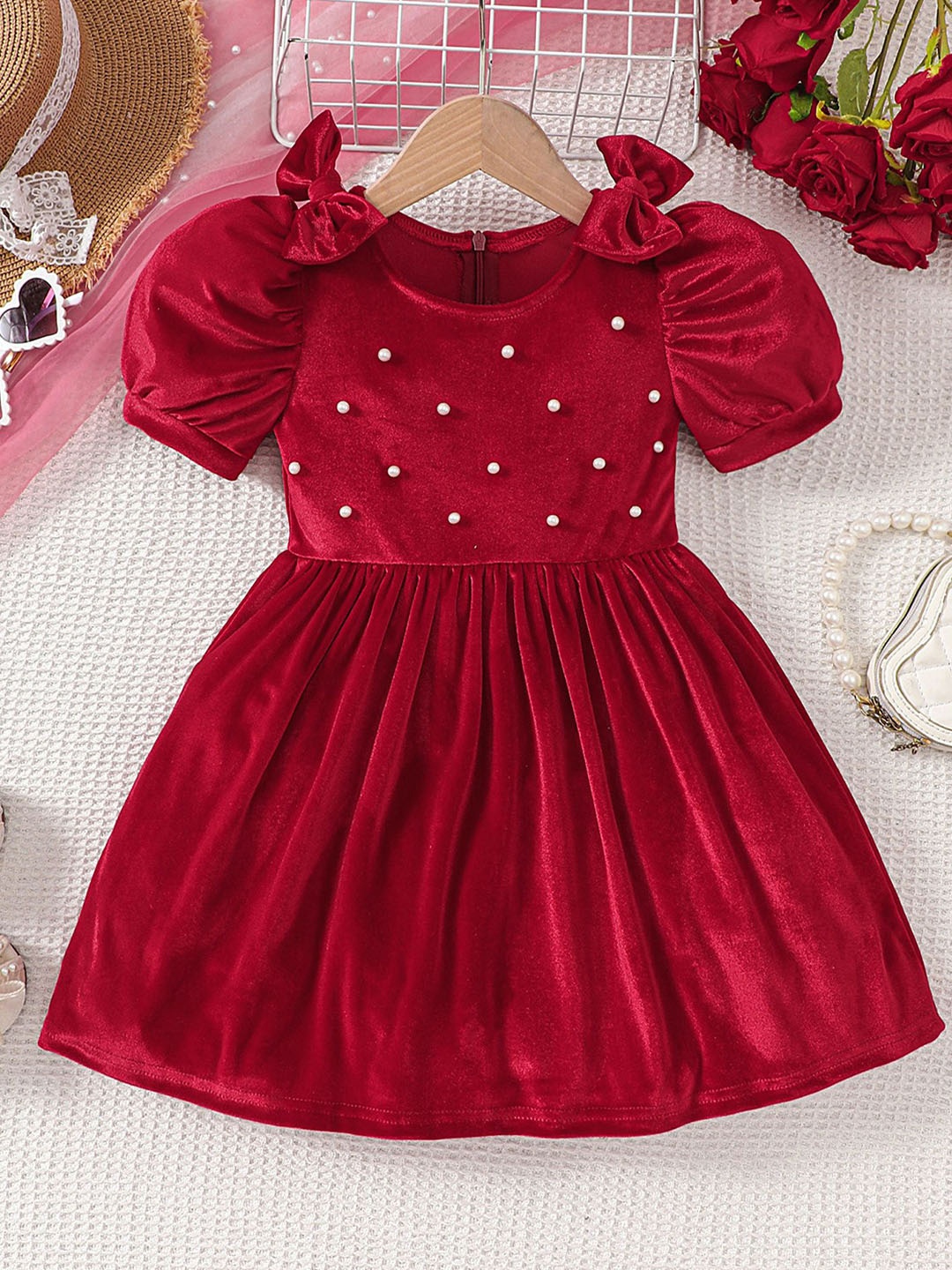 

LULU & SKY Girls Self Design Fit & Flare Dress, Red