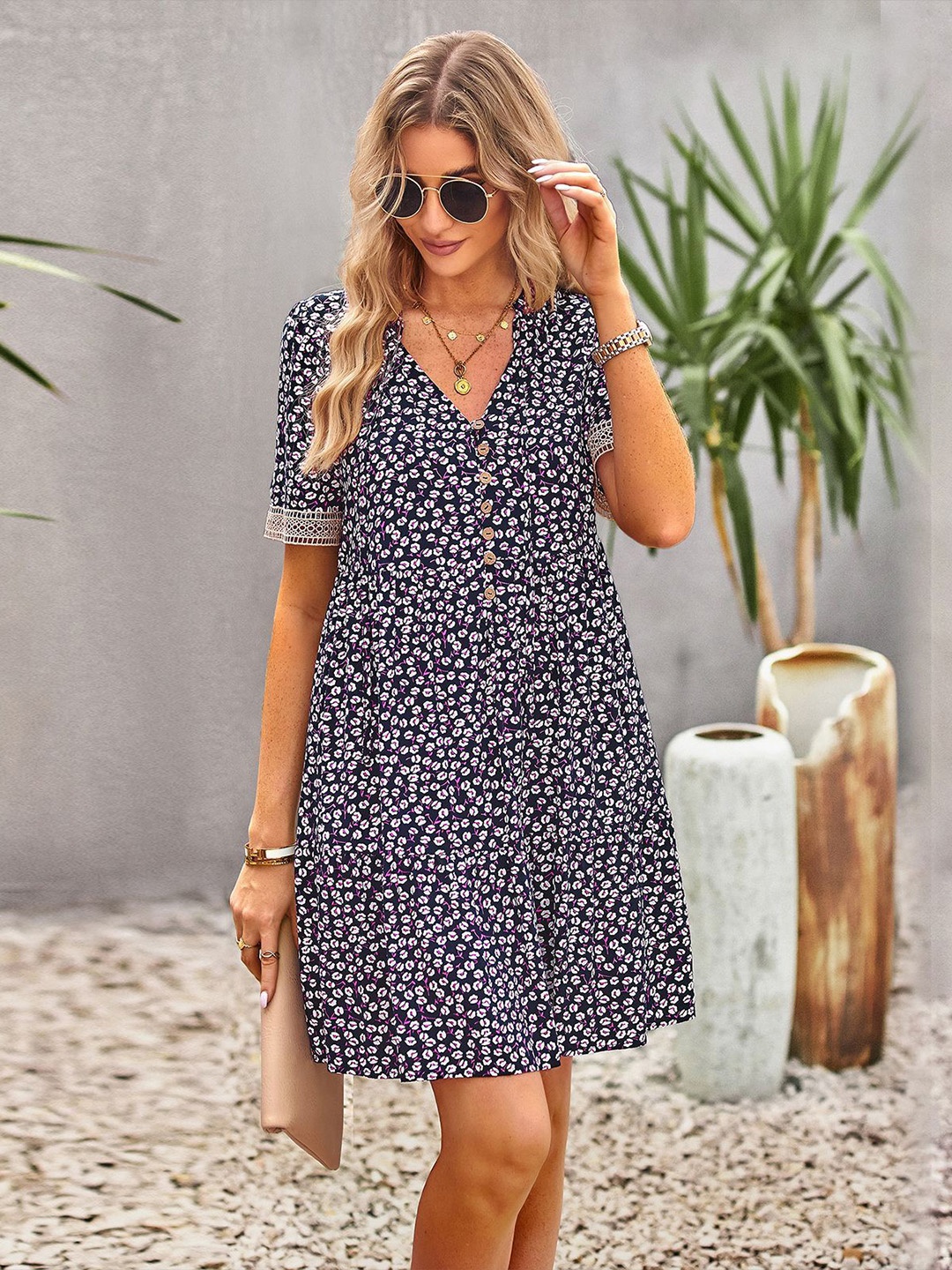 

StyleCast Women V-Neck Floral Print A-Line Midi Dress, Blue