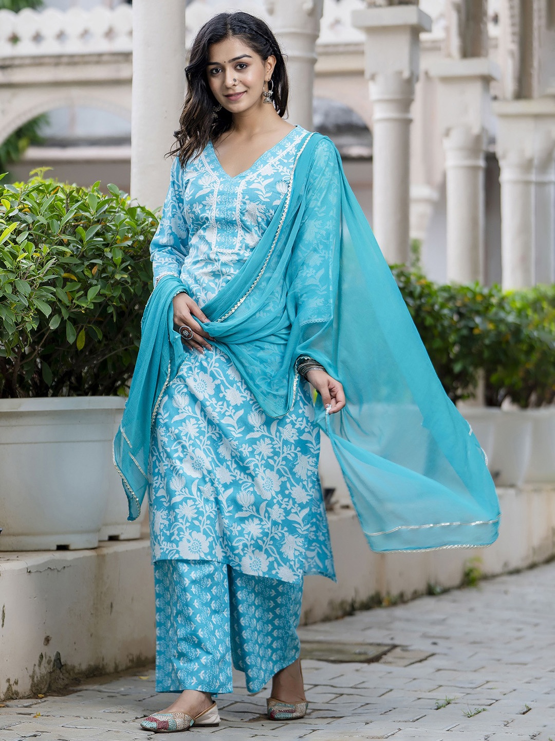 

PARTHVI Floral Printed Thread Work Straight Kurta With Trousers & Dupatta, Blue