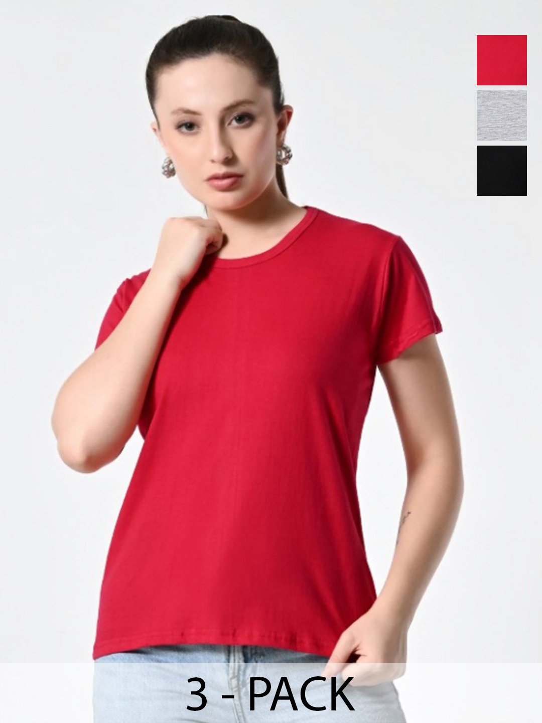 

BAESD Women Pack Of 3 Solid Round Neck Cotton T-shirts, Red