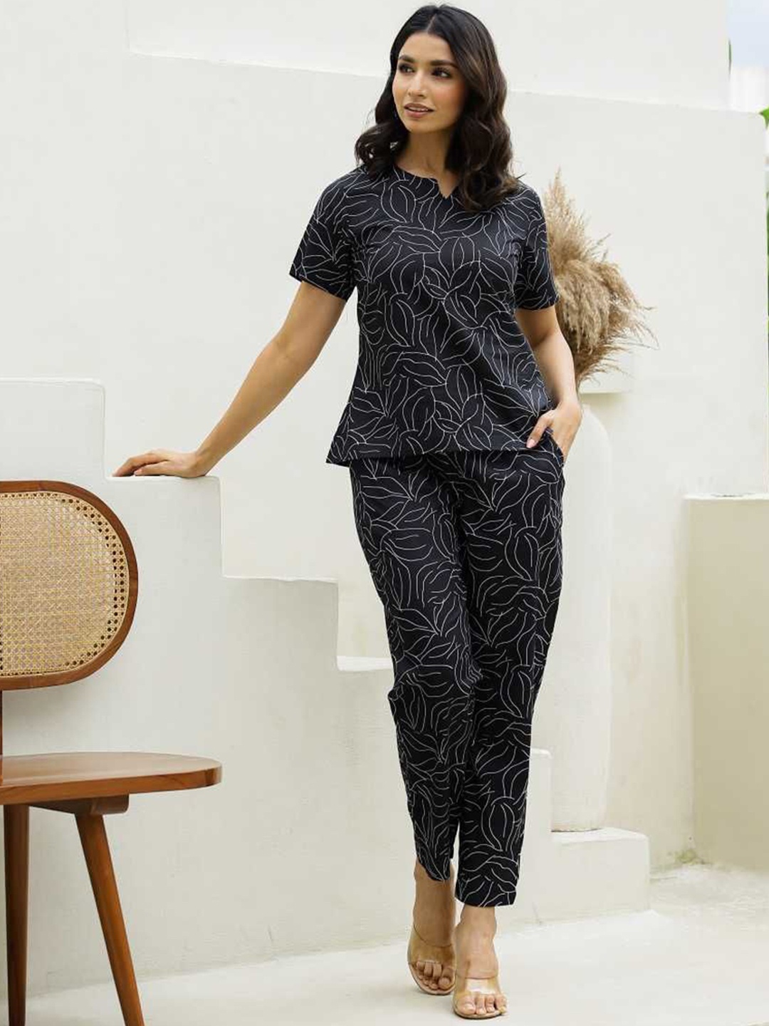 

FLAVIA CREATION Women Printed Pure Cotton Top With Trouser Co-Ords, Black