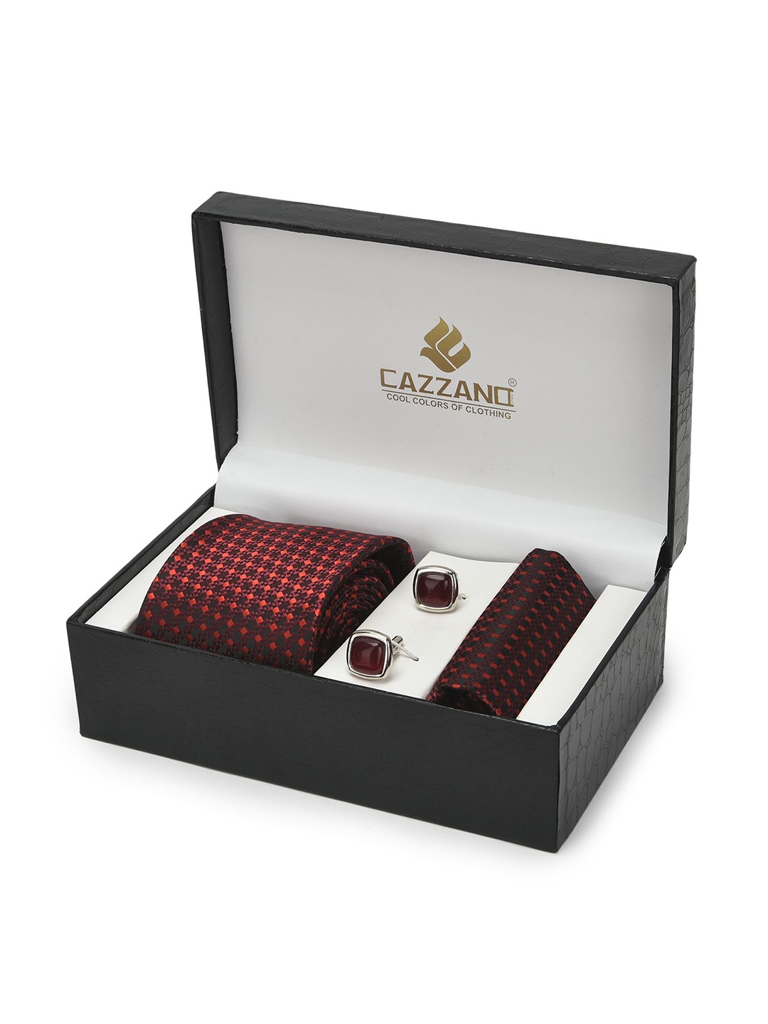 

Cazzano Men Abstract Embroidered Slim Tie Cufflinks & Pocket Square Accessory Gift Set, Maroon