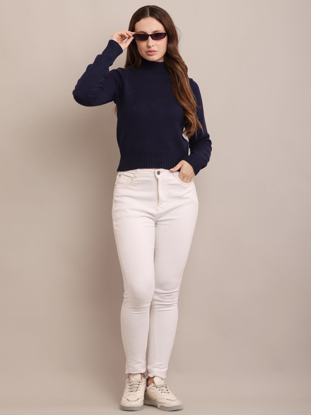 

NoBarr Women Solid Round Neck Pullover Ribbed Sweater, Navy blue