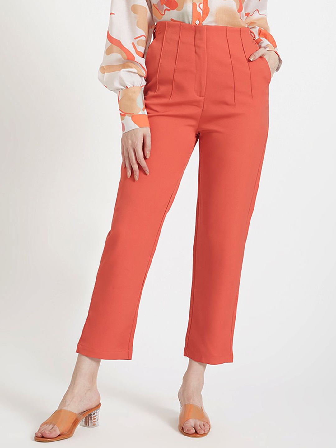 

AMSWAN Women Smart Skinny Fit High-Rise Pleated Trousers, Peach