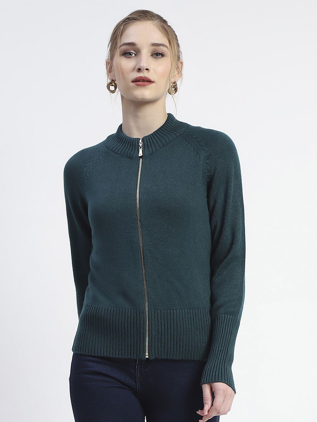 

Madame Women Solid Ribbed Cardigan Sweater, Green