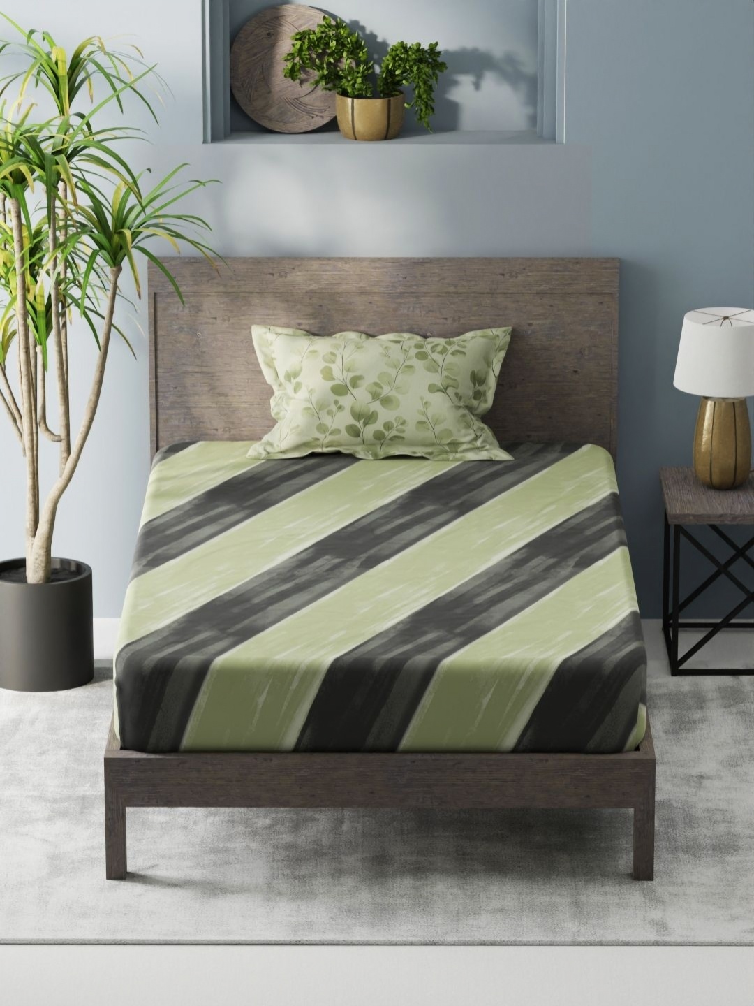 

KOPA Green & Grey Striped 200 TC Single Bedsheet with 1 Pillow Covers