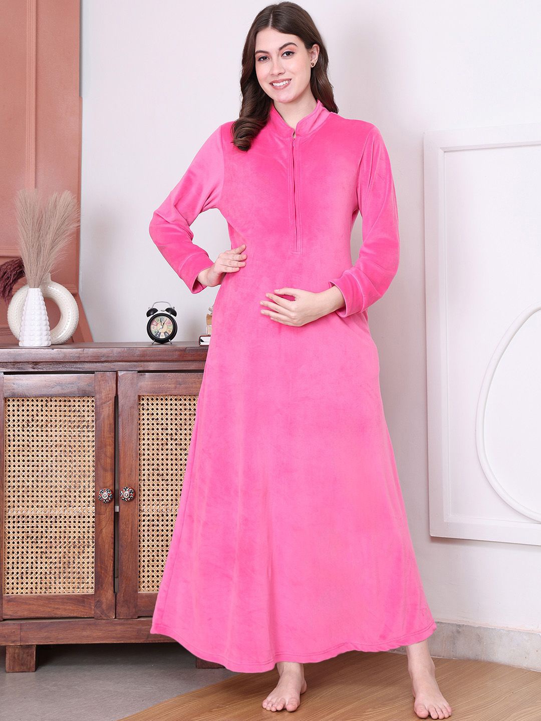 

Secret Wish Women Velvet Woolen Maternity Maxi Nightdress, Pink