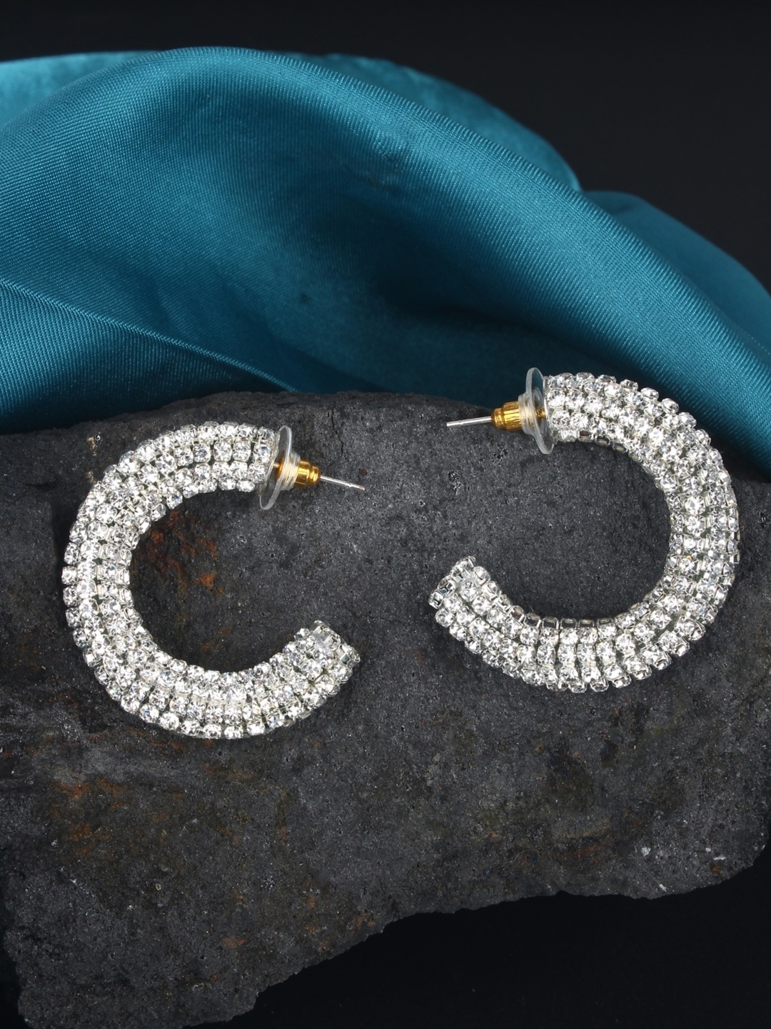 

KPOP Silver-Plated Rhinestone Studded Contemporary Half Hoop Earrings