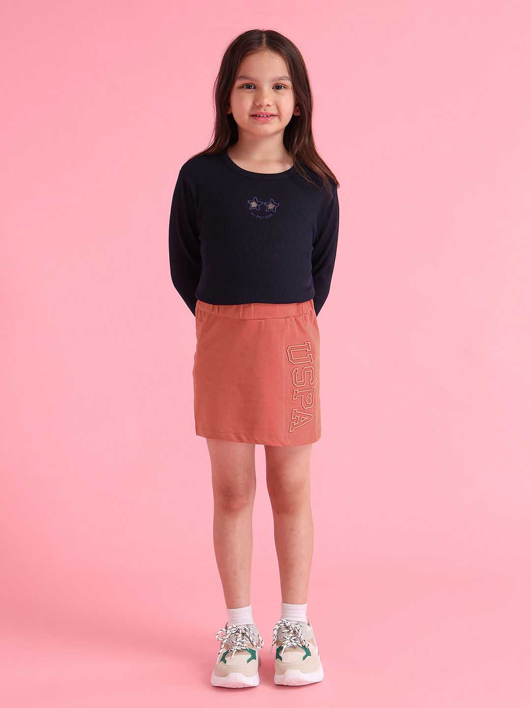 

U.S. Polo Assn. Kids Girls Solid Self Design Pure Cotton Straight Mini Skirt, Rust