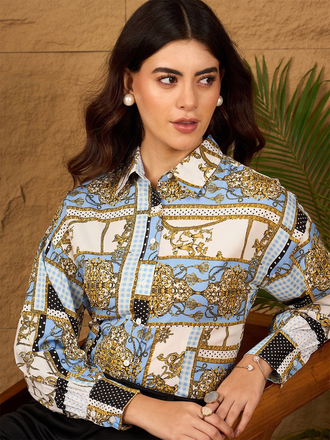 

RARE Women New Spread Collar Ethnic Printed Casual Shirt, Cream