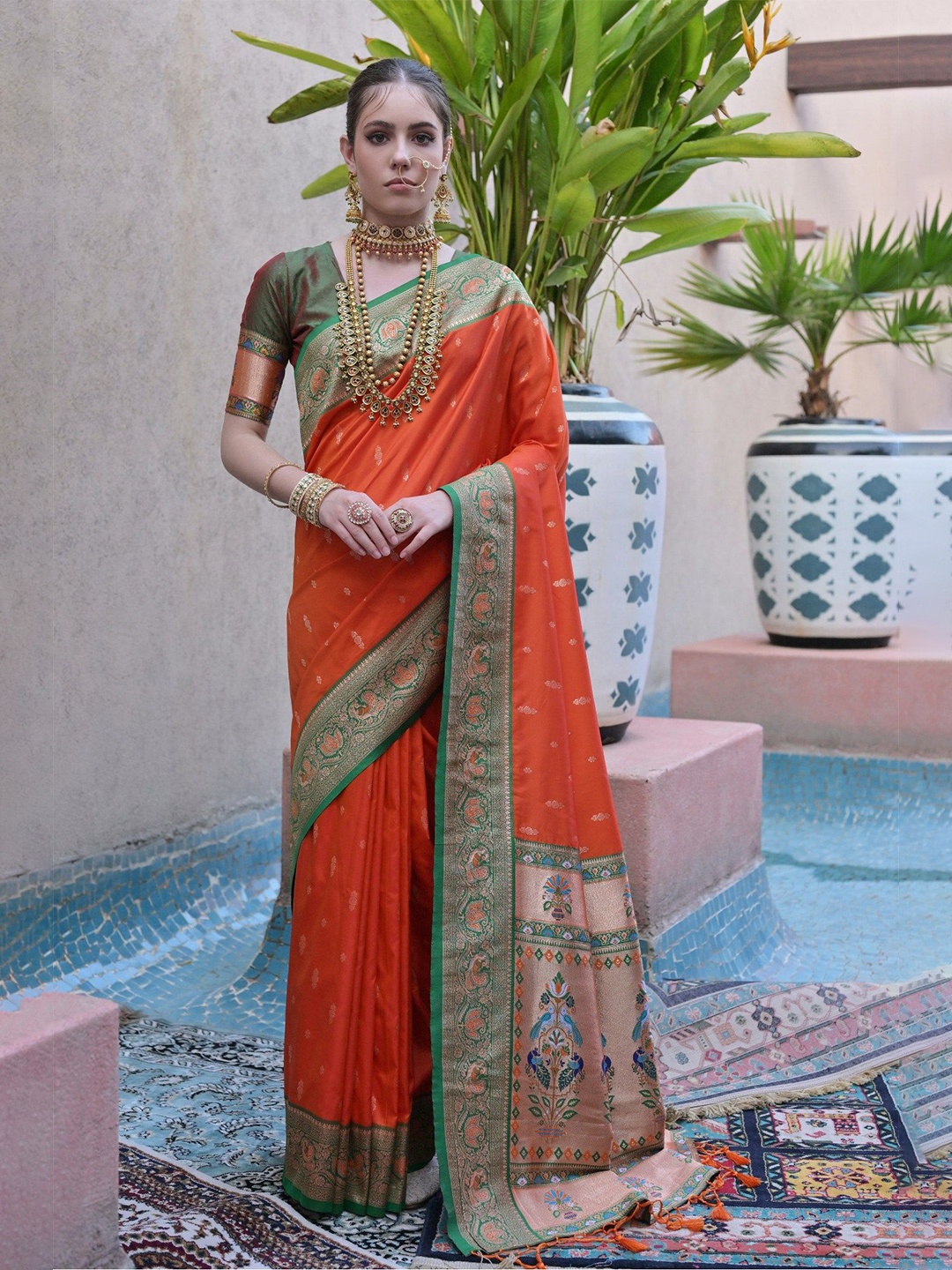 

MySilkLove Ethnic Motifs Woven Design Zari Paithani Saree, Orange