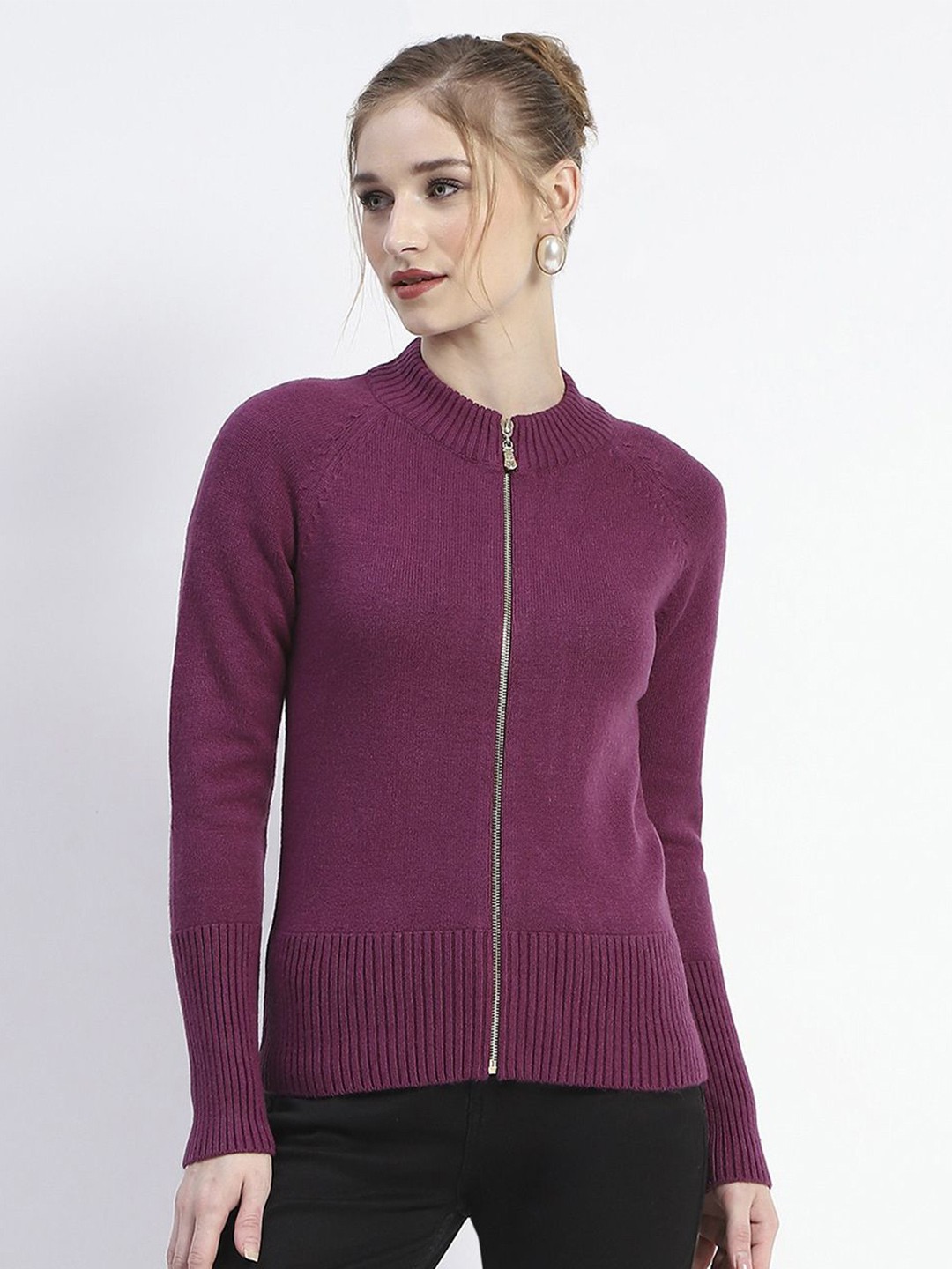 

Madame Women Self Design Cardigan Sweater, Purple