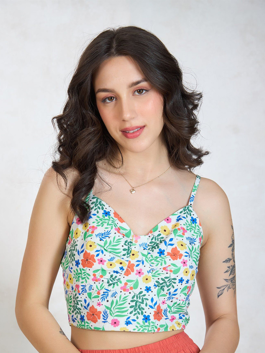 

Virgio Women Floral Printed Shoulder Straps Cotton Top, Orange