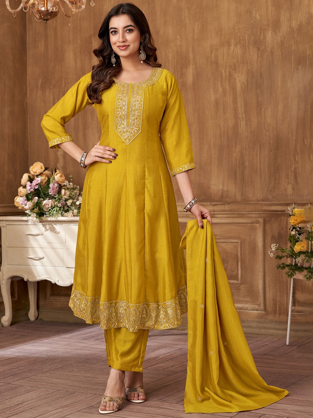 

Anaita Floral Zari Embroidered Panelled A-Line Kurta with Trouser & Dupatta, Yellow