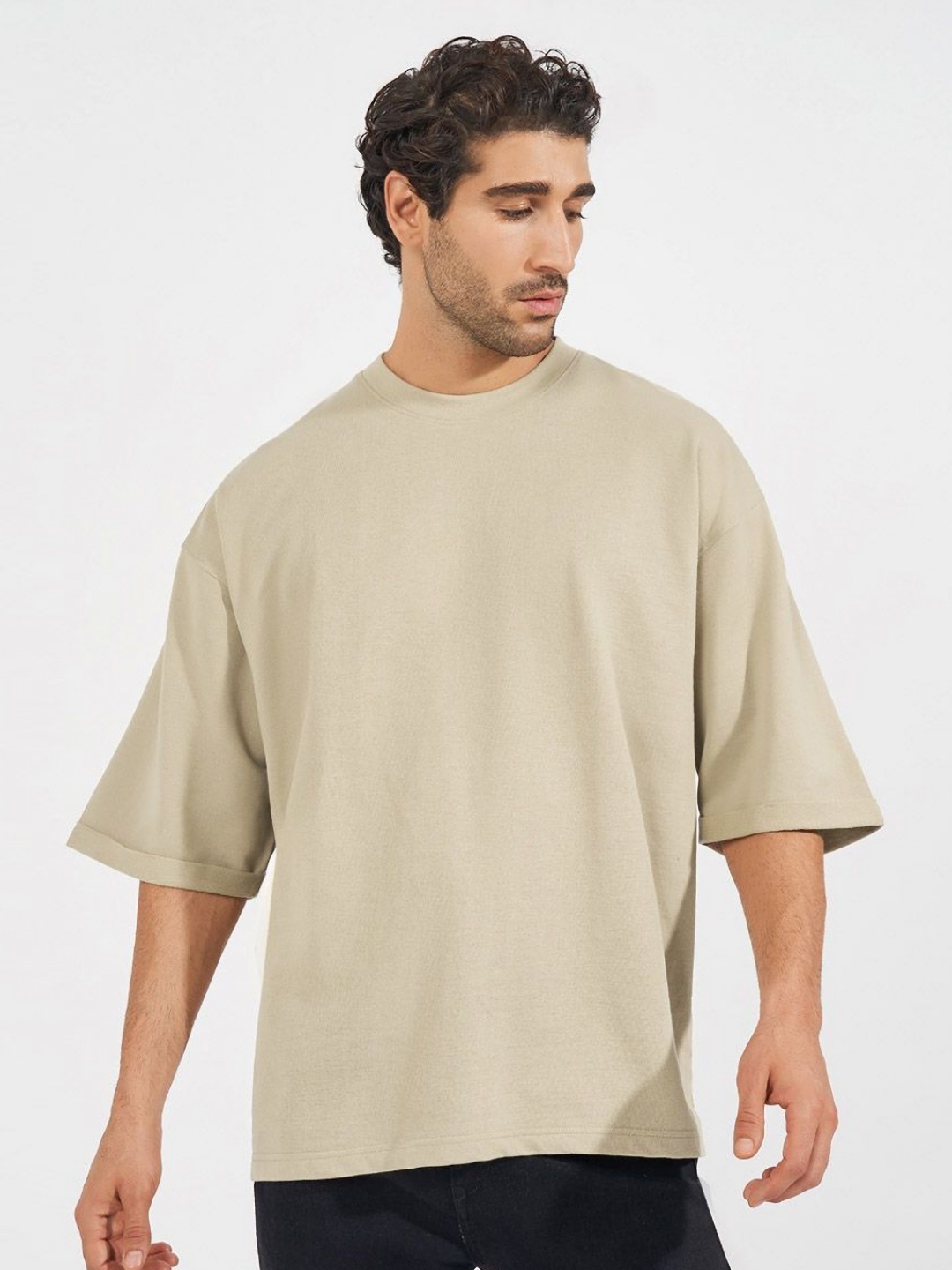 

Styli Men Solid Rolled Sleeve Boxy Fit Terry T-Shirt, Beige