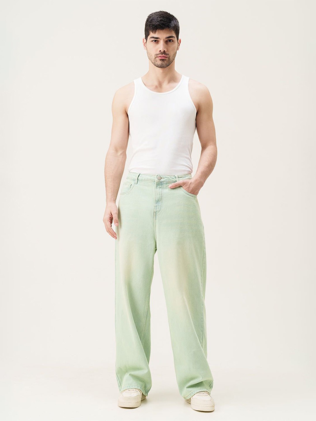 

FREAKINS Men Wide Leg High-Rise Heavy Fade Jeans, Green