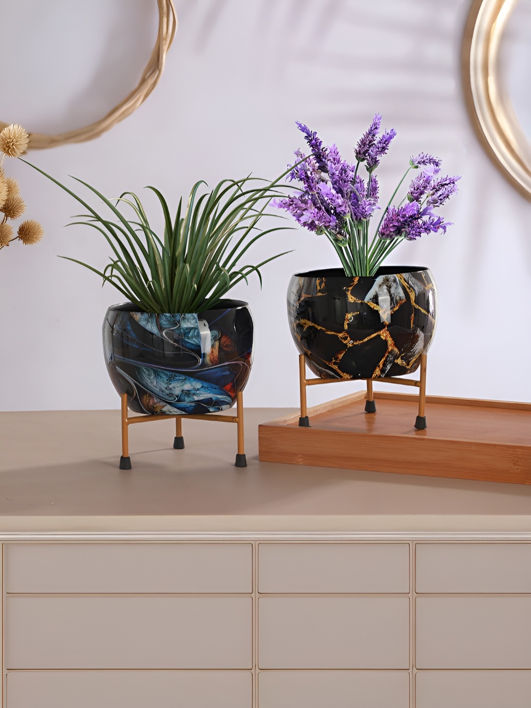 

Homspurts Apple Bowl Planter 2 Pcs Black & Green Printed Metal Planters