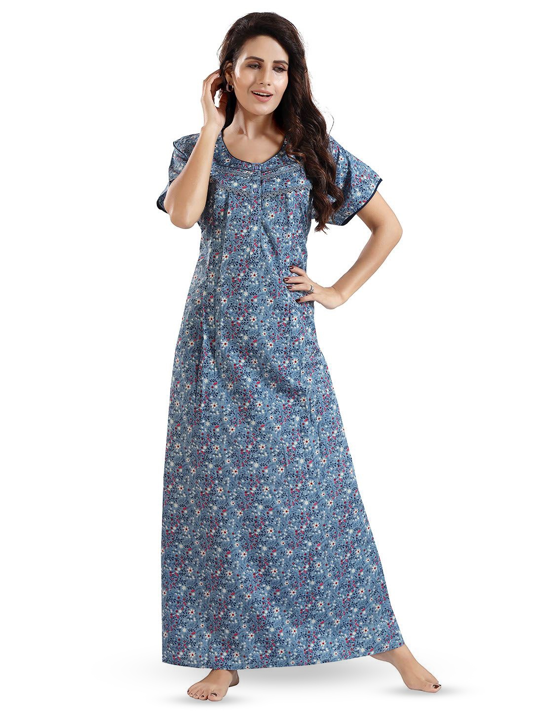 

NIGHT QUEEN Women Printed Maxi Nightdress, Blue