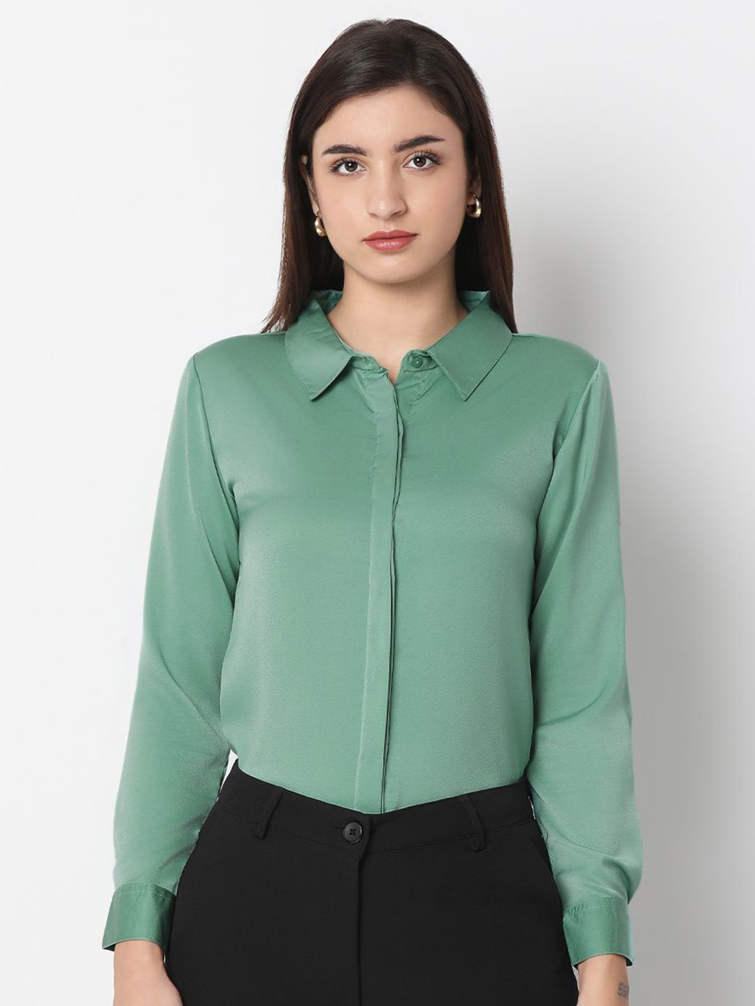 

NOT SO PINK Women Premium Spread Collar Solid Satin Formal Shirt, Sea green