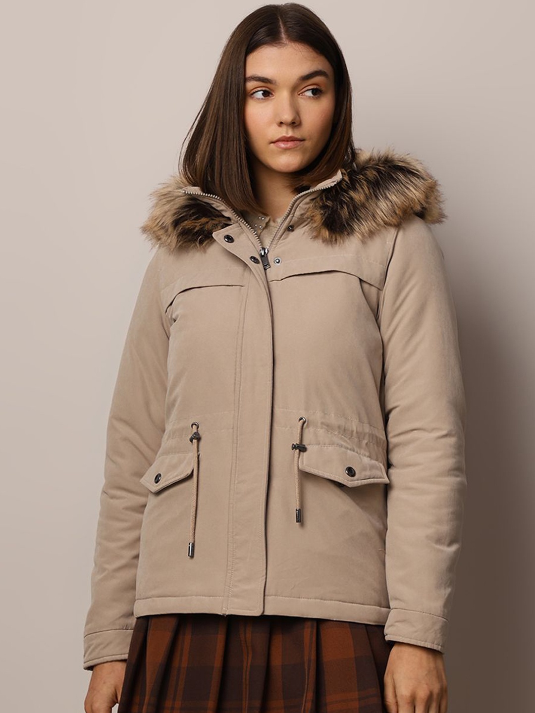 

ONLY Women Solid Mock Collar Fur Hooded Parka Coats, Brown