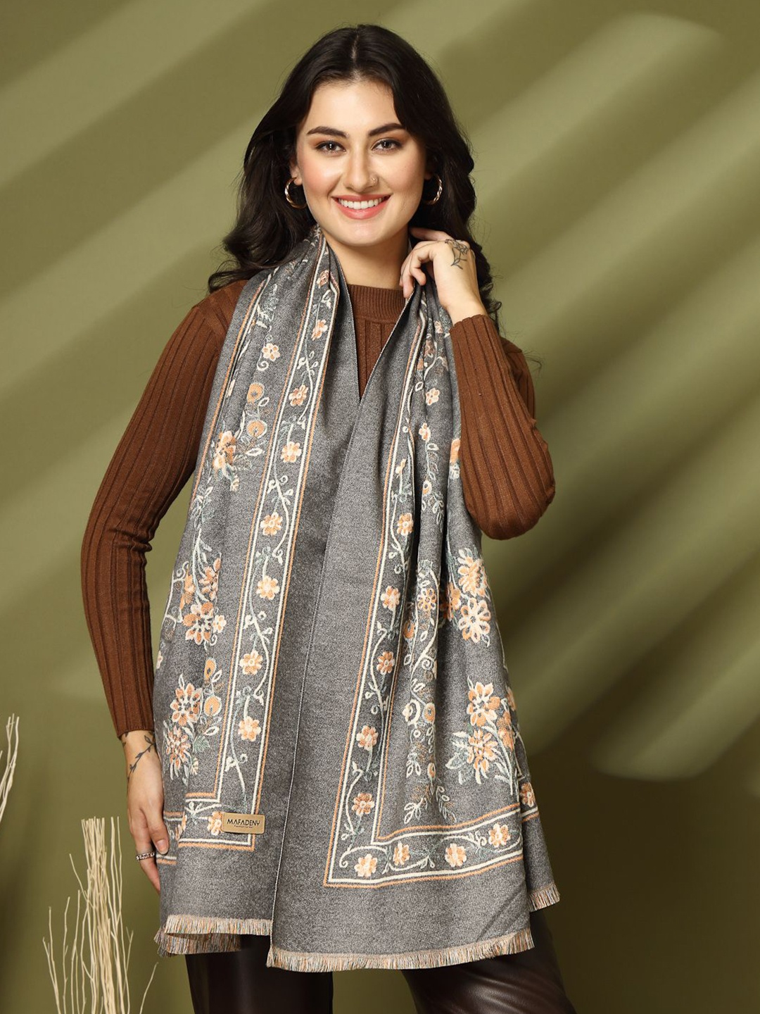 

Mafadeny Women Ethnic Motifs Woven Design Stole, Grey