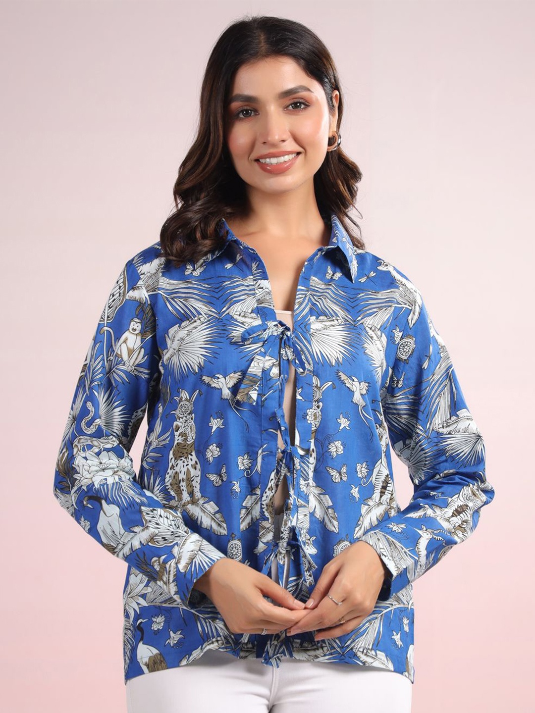 

LYFJ Women Abstract Printed Shirt Collar Cotton Top, Blue