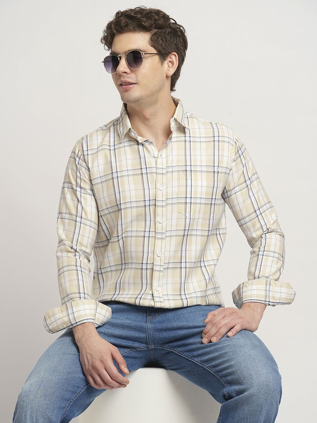 

TRYBUY.IN Men Standard Spread Collar Windowpane Checked Cotton Casual Shirt, Beige
