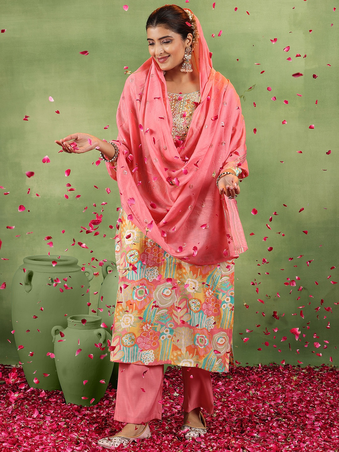 

Libas Floral Embroidered Mirror Work Straight Kurta With Trousers & Dupatta, Pink