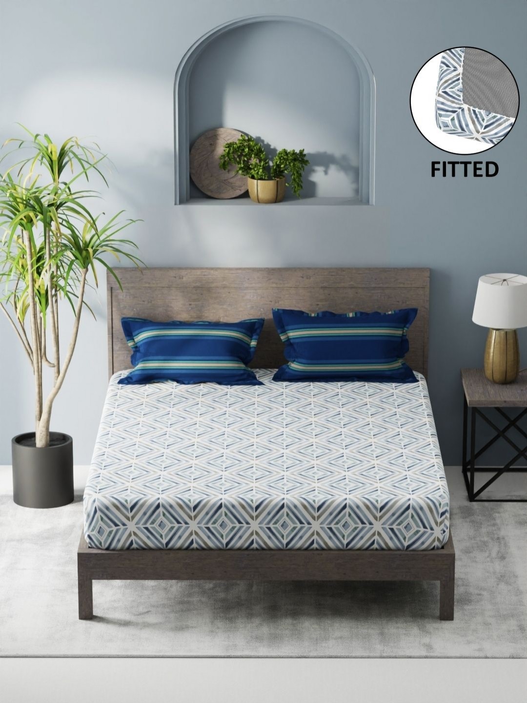 

KOPA Denim Blue Printed Microfiber Fitted 200 TC King Bedsheet Set 1.80 m X 1.98 m X 25 cm