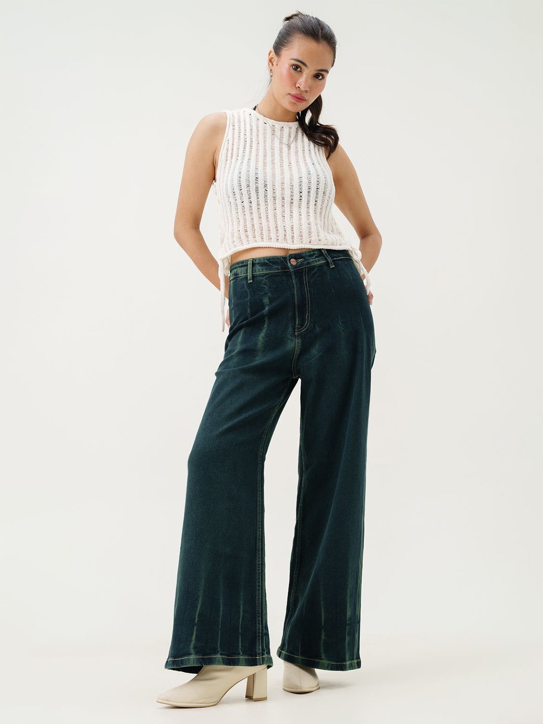 

FREAKINS Women Flared High-Rise Stretchable Jeans, Green