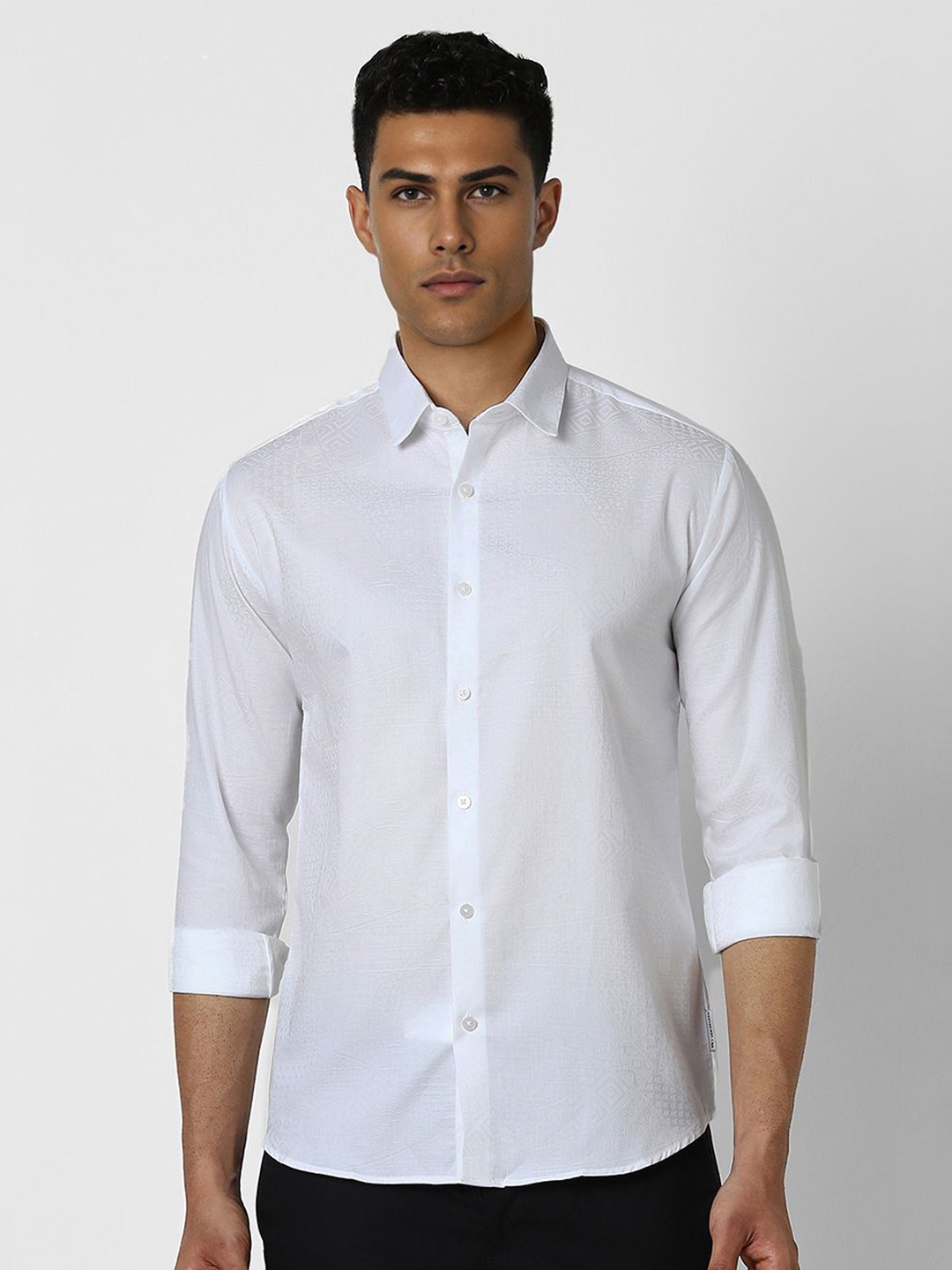 

V Dot Men Spread Collar Textured Cotton Slim Fit Casual Shirt, White