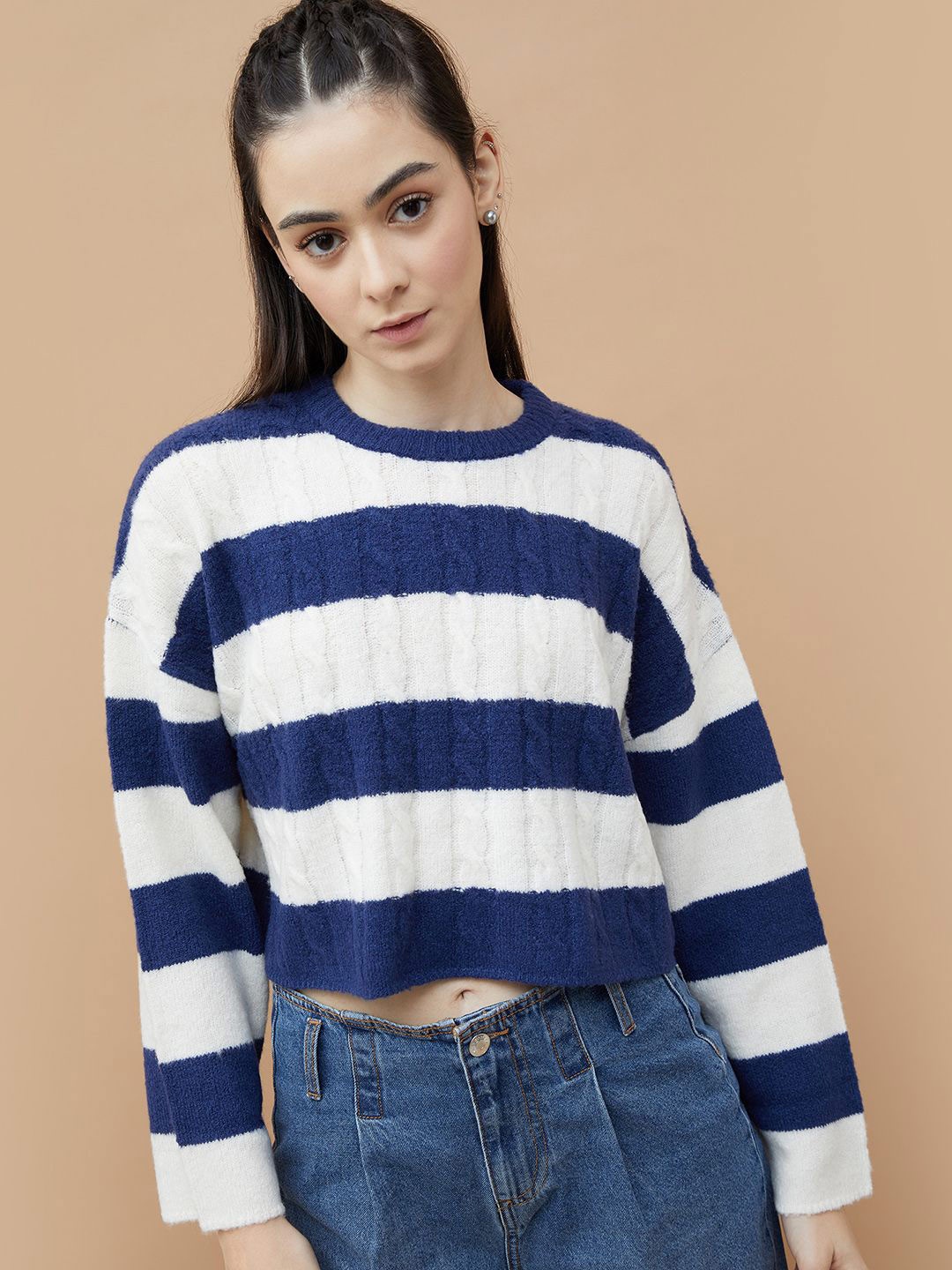 

Ginger by Lifestyle Women Striped Round Neck Acrylic Pullover Sweatshirt, Blue