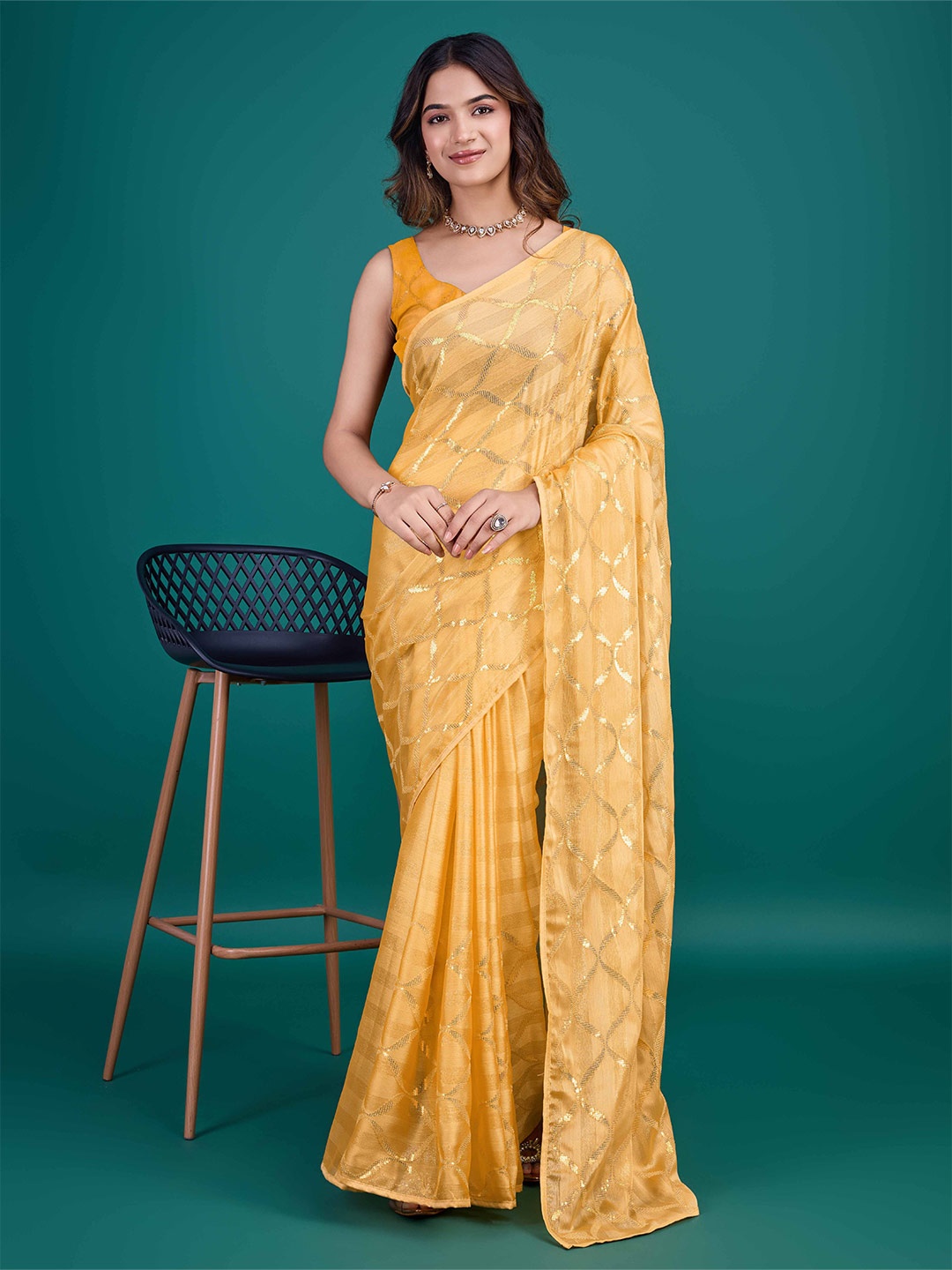 

Mitera Geometric Embroidered Saree with Blouse Piece, Yellow