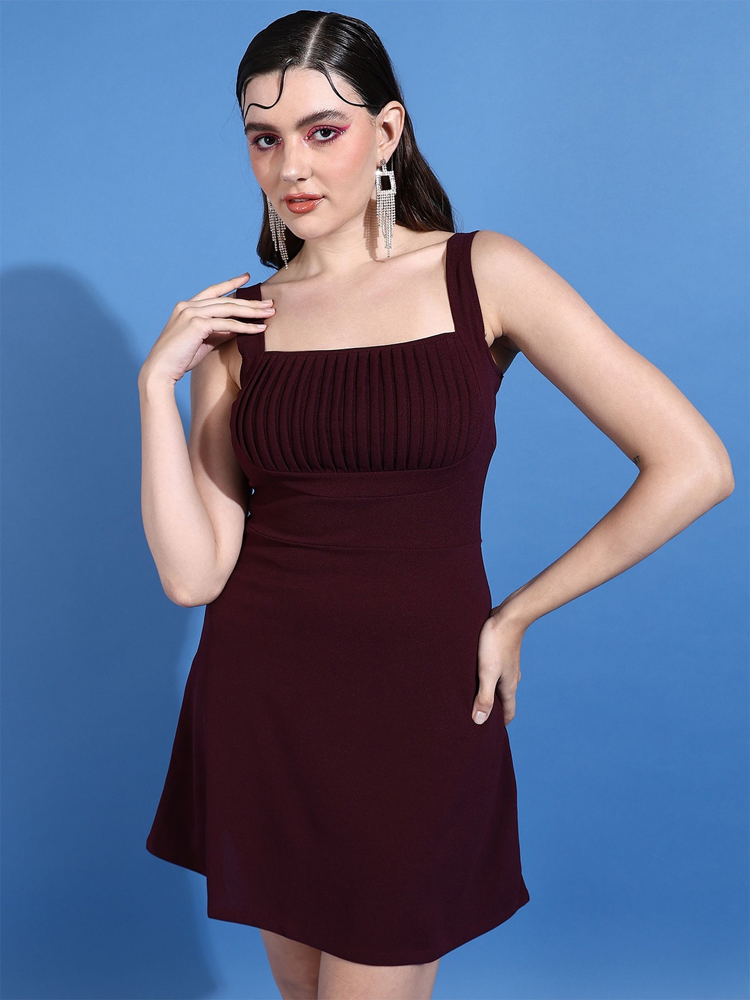 

Golden Kite Women Square Neck Sleeveless A-Line Dress, Burgundy