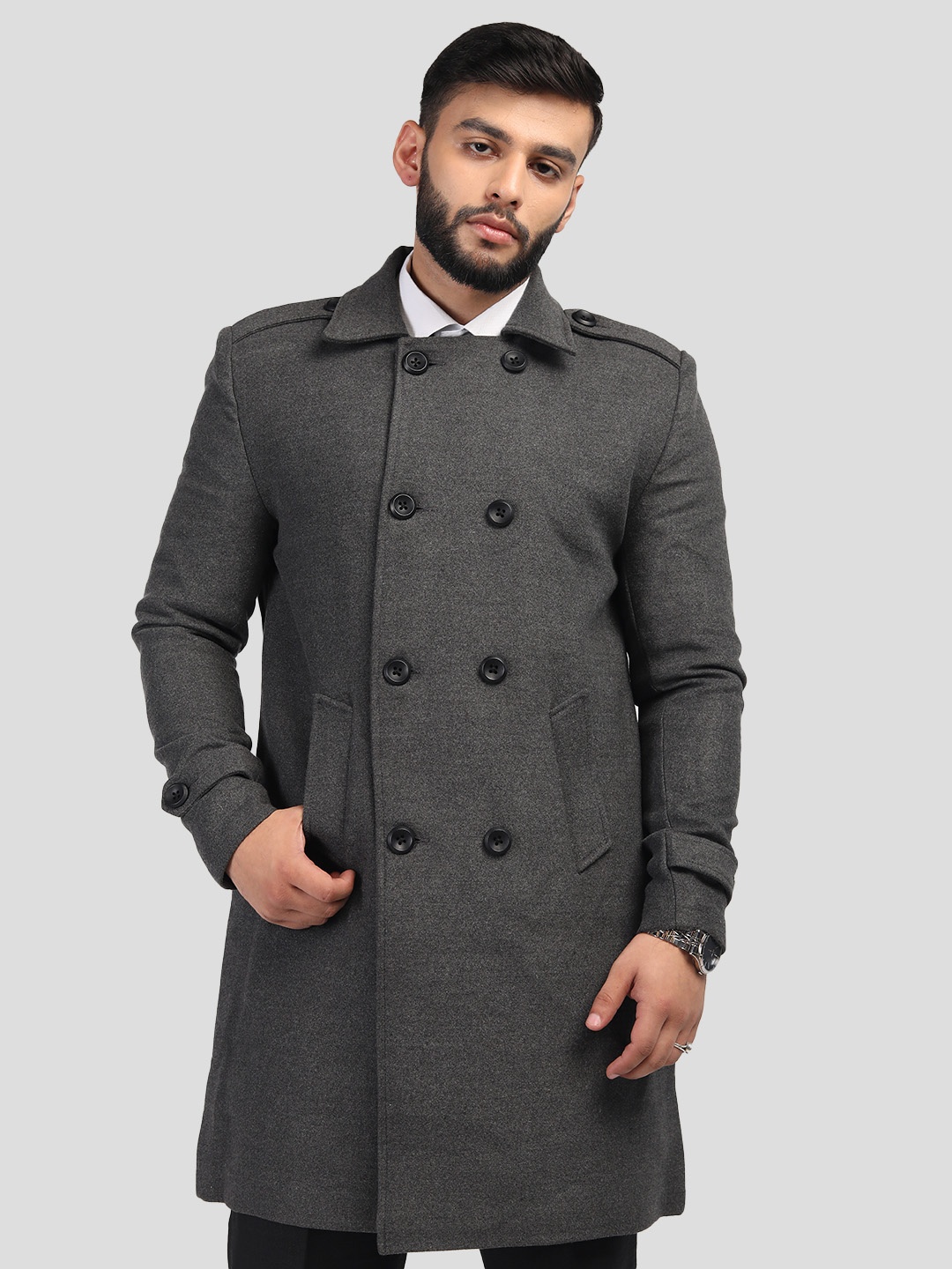 

HONNETE Men Solid Spread Collar Trenchcoat, Grey