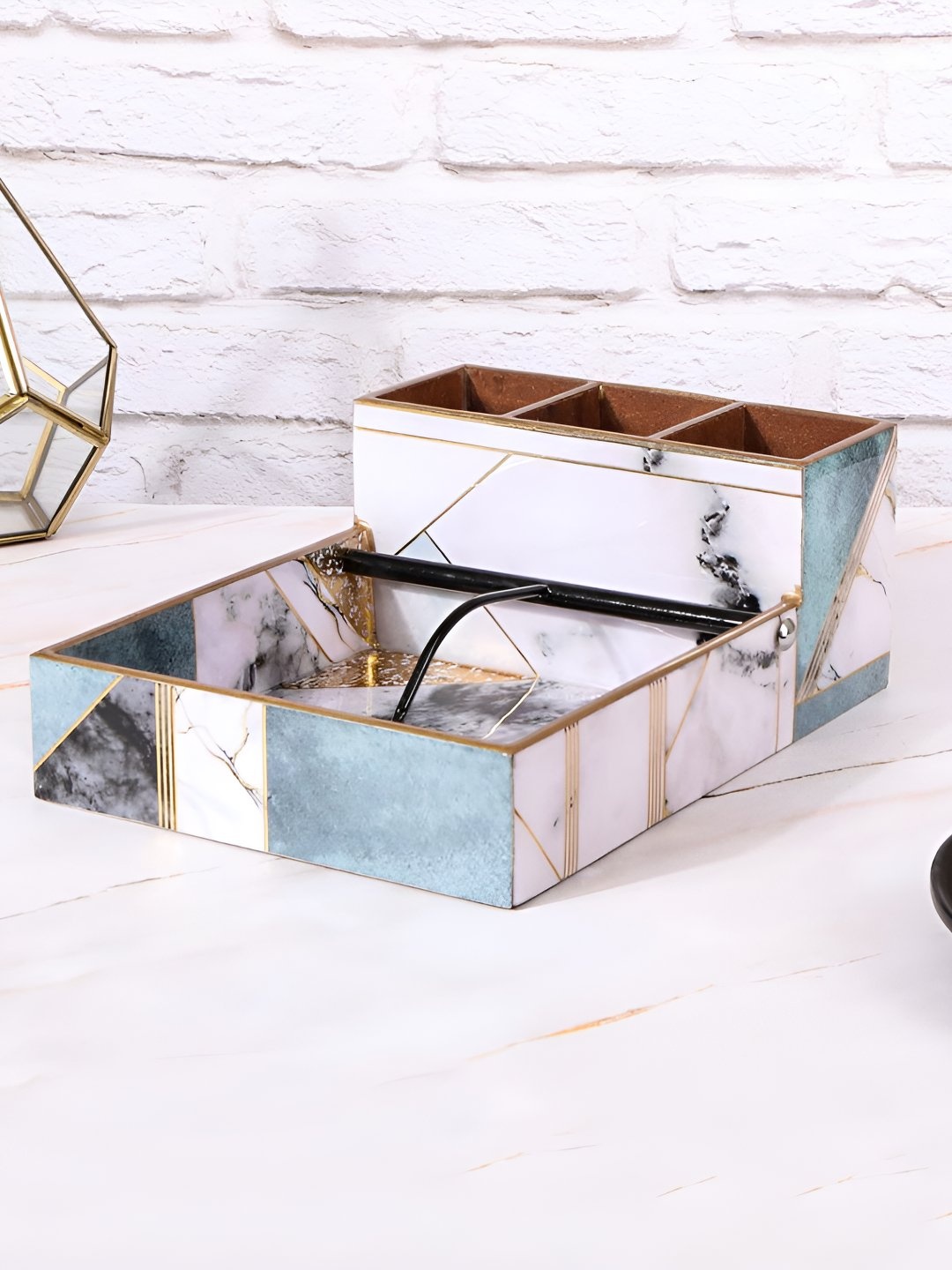 

THE HOME CO. Blue & Gold Toned Printed Tissue Holders