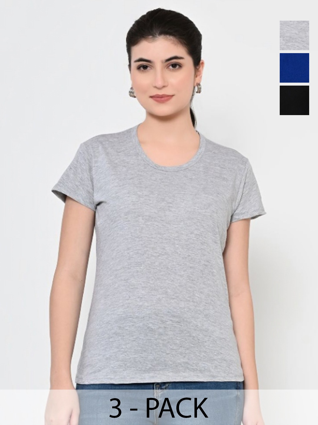 

BAESD Women Pack Of 3 Solid Round Neck Cotton T-shirts, Grey