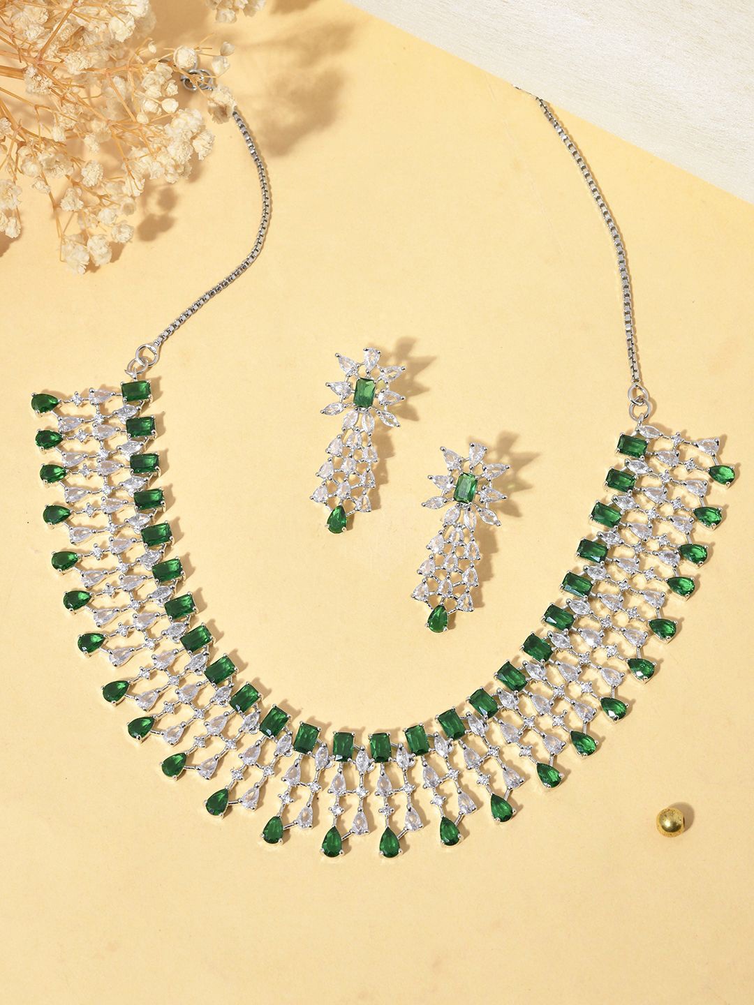 

Silvermerc Designs Silver-Plated American Diamond-Studded Necklace & Earrings