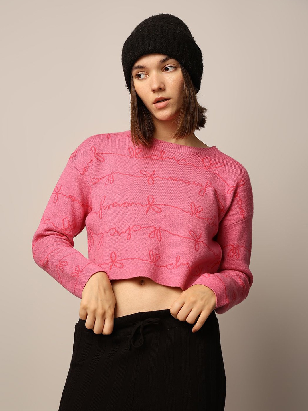 

ONLY Women Abstract Printed Round Neck Pullover Sweater, Pink