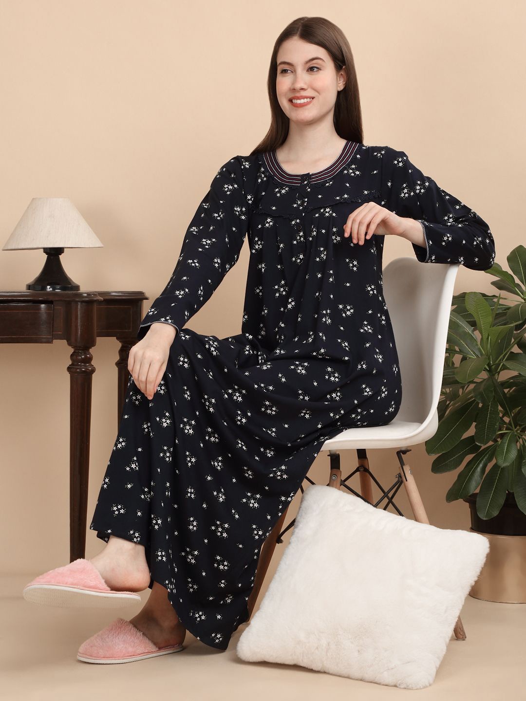 

Sweet Dreams Women Pure Cotton Floral Printed Maxi Nightdress, Navy blue