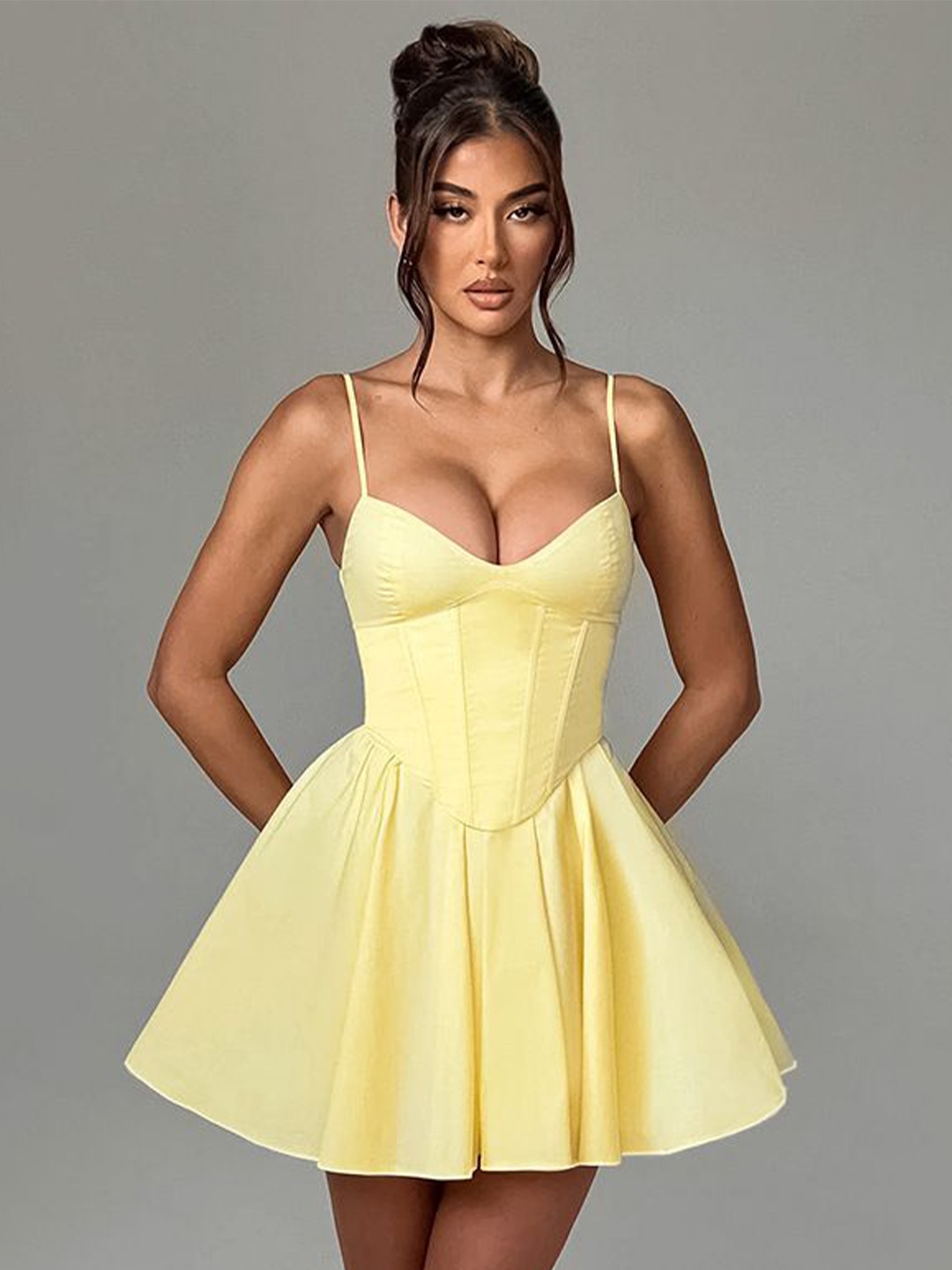 

MIAKEE Solid Shoulder Straps Mini Corset Dress, Yellow