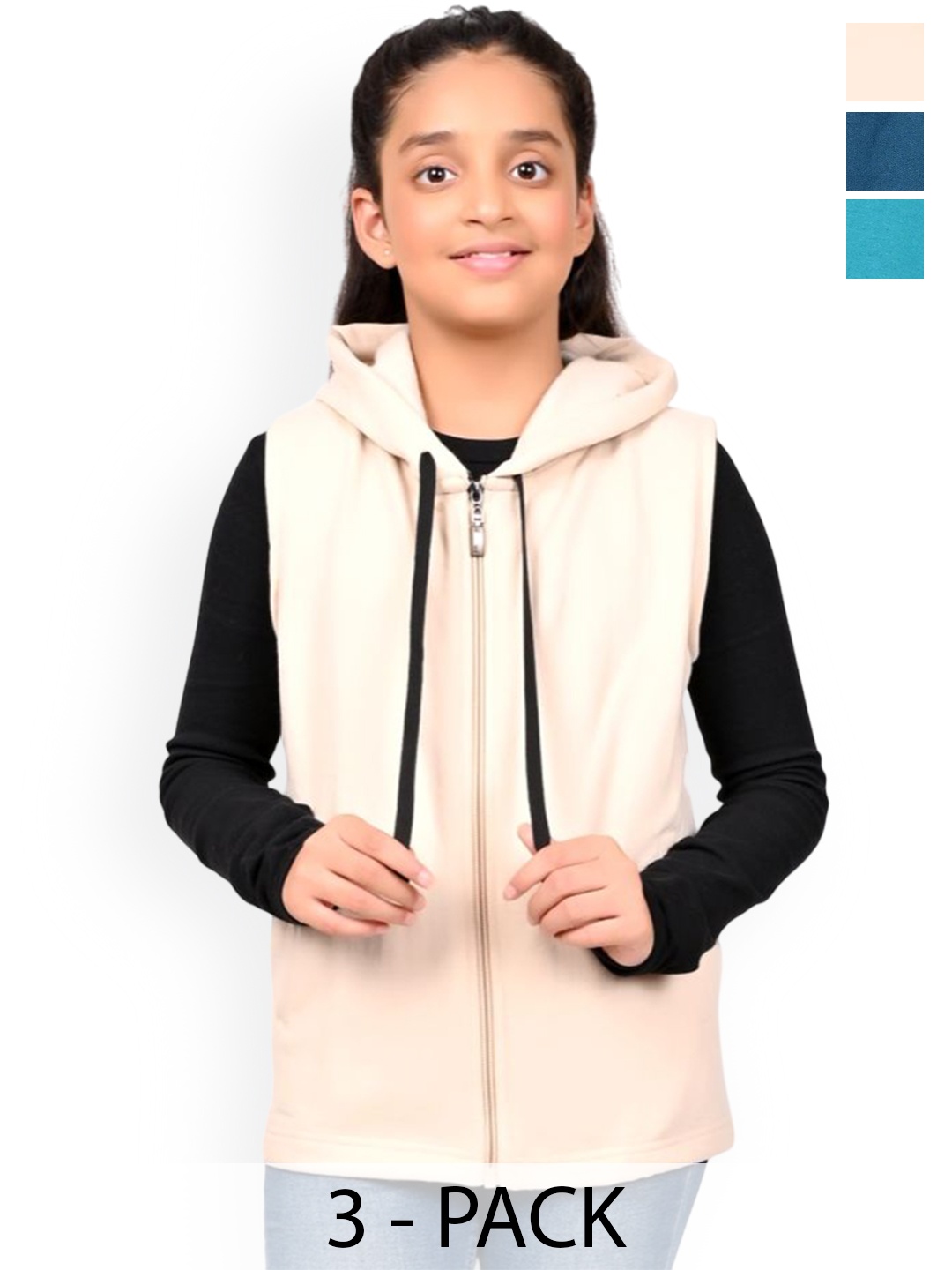 

BAESD Girls Pack Of 3 Solid Hooded Fleece Front Open Sweatshirts, Beige
