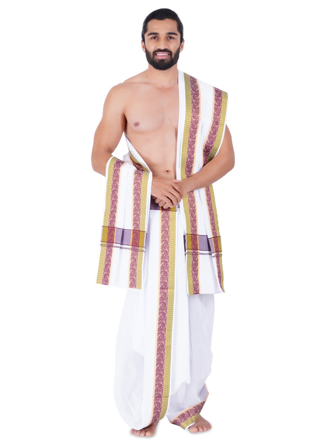 

Ramraj Men Traditional Panchakacham with Angavastram, White